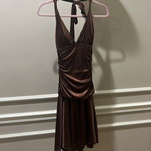 Y2K brown city triangles halter dress open back